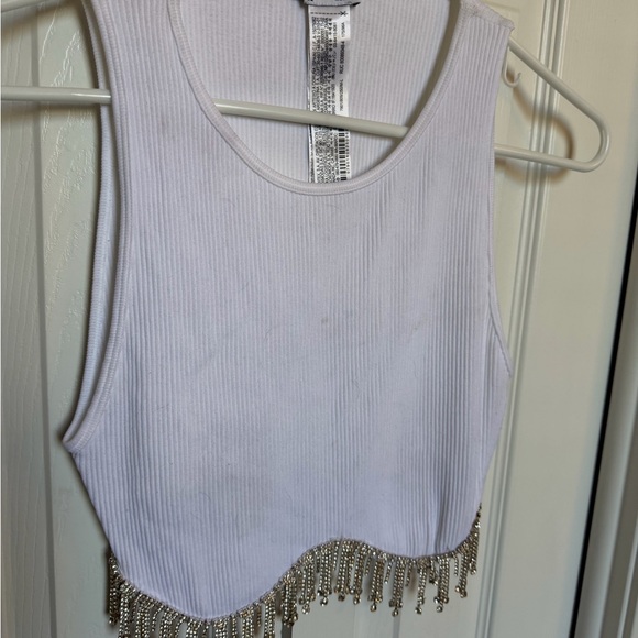 Zara White Ribbed Crop Tank with Rhinestone Fringe - Picture 2 of 7